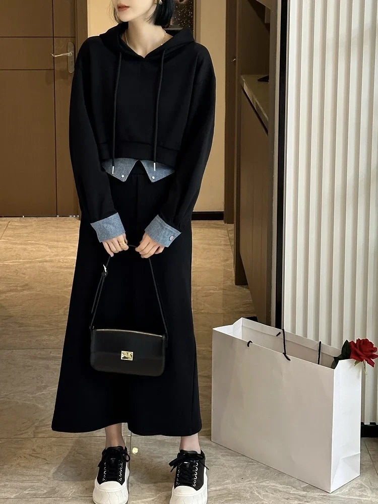 2-piece skiing suit and top of the line autumn Korean fashion solid hooded sportswear casual skiing suit matching set womens clothing 241112