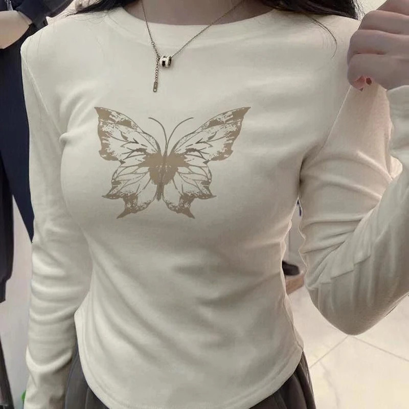 Autumn Winter Womens Fashion Butterfly Printed Thick Tight Sexy Short Top Y2K Womens Casual O-neck Long Sleeve Basic T-shirt 241112