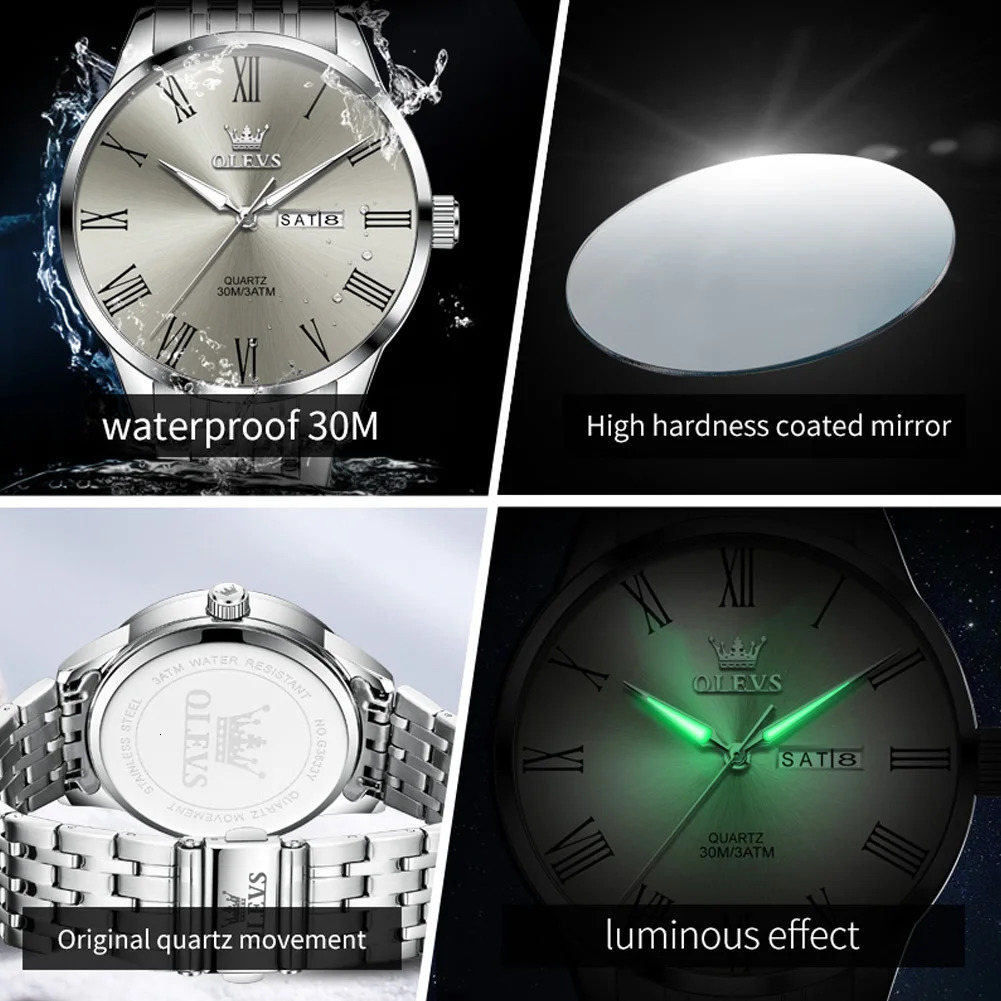 OLEVS original simple mens watch waterproof stainless steel quartz watch luminous date Roman scale mens watch 241112