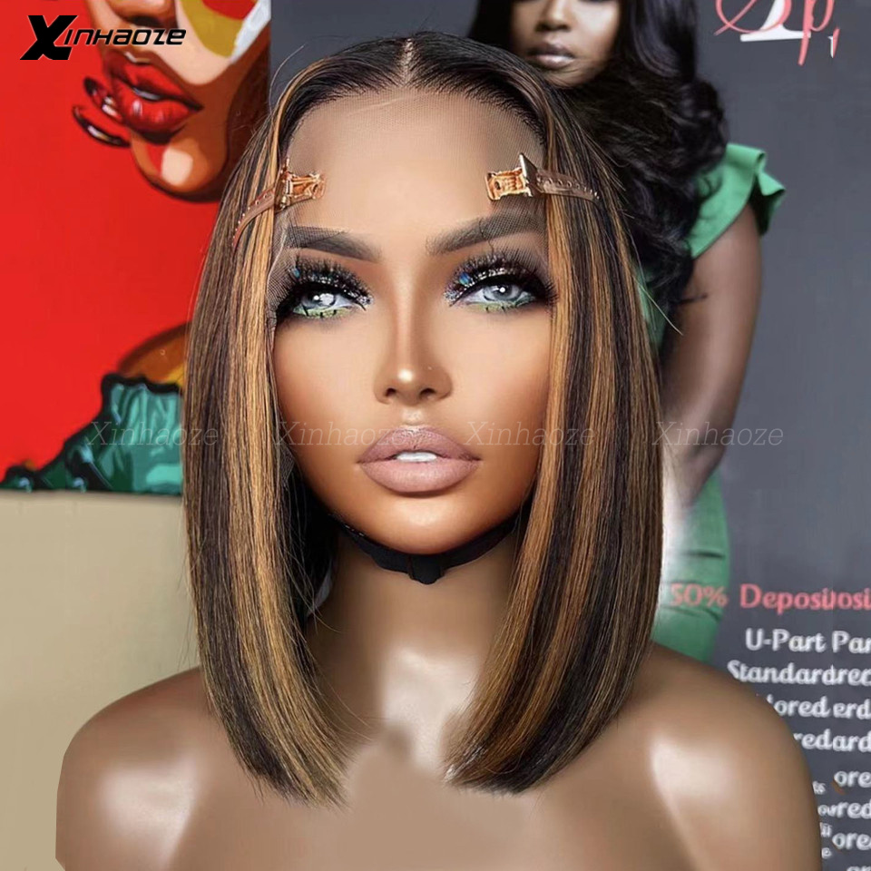 13x6 Bob Wig 4/30 Straight Lace Front Wig Transparent Lace 5x5 Silk Top Wigs Highlight Brown Colored Human Hair Wig 180 Density 5e63c