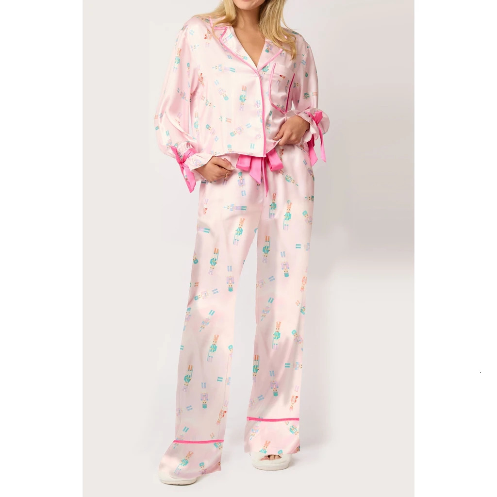 HEZIOWYUN Womens 2Pcs Loungewear Christmas Pjs Outfit Set SantaTree Print Lapel Button-up Long Sleeve Tops Drawstring Pants 241112