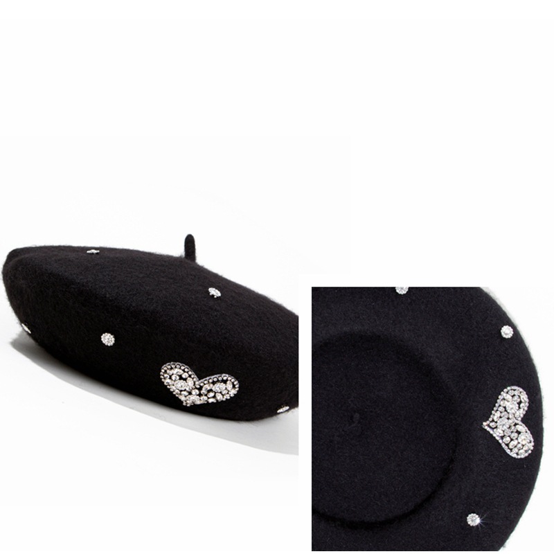 New Winter Women Wool Beret Love Heart Rhinestone Female Berets Beanies British Vintage Painter Hat Lady Warm Outdoor Hats 5
