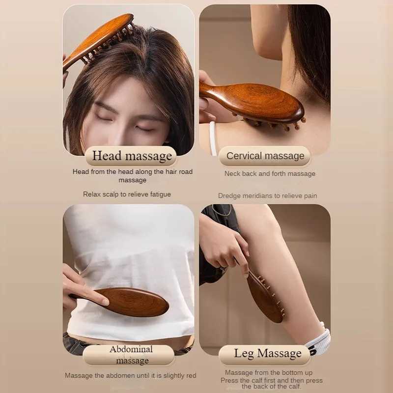 Multi functional wood therapy massage comb scalp head massager natural sandalwood round teeth guasha scraping body massager W241112