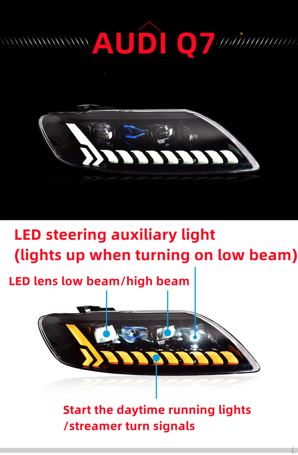 Auto Headlights for AUDI Q7 2006-20 15 LED High Beam Laser Lens LED DRL Running Water Turn Signal Lamp