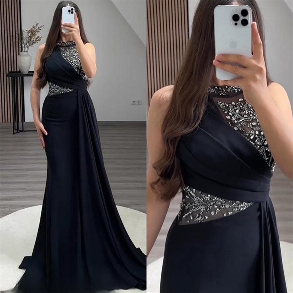Beaded High Collar Prom Dresses Evening Gown Halter With Crystal Womens Special Ocn Dress Side Train Satin Robe Des Marrige 6660306