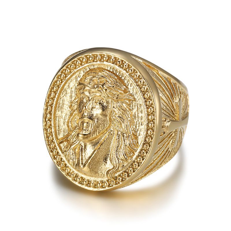 Hip Hop Jesus Face Casting Ring Vacuum Gold Plated Stainless Steel Mens Religious Jewelry