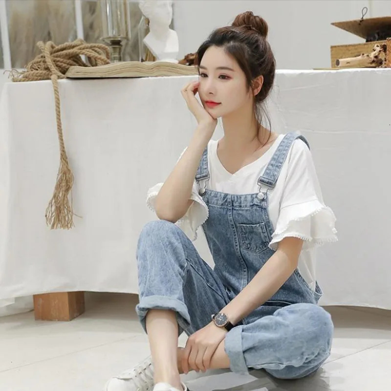 Biyaby Washed denim jumpsuit for womens casual high waisted blue wide leg pants for womens spring Korean loose pocket Jean Overalls 241112