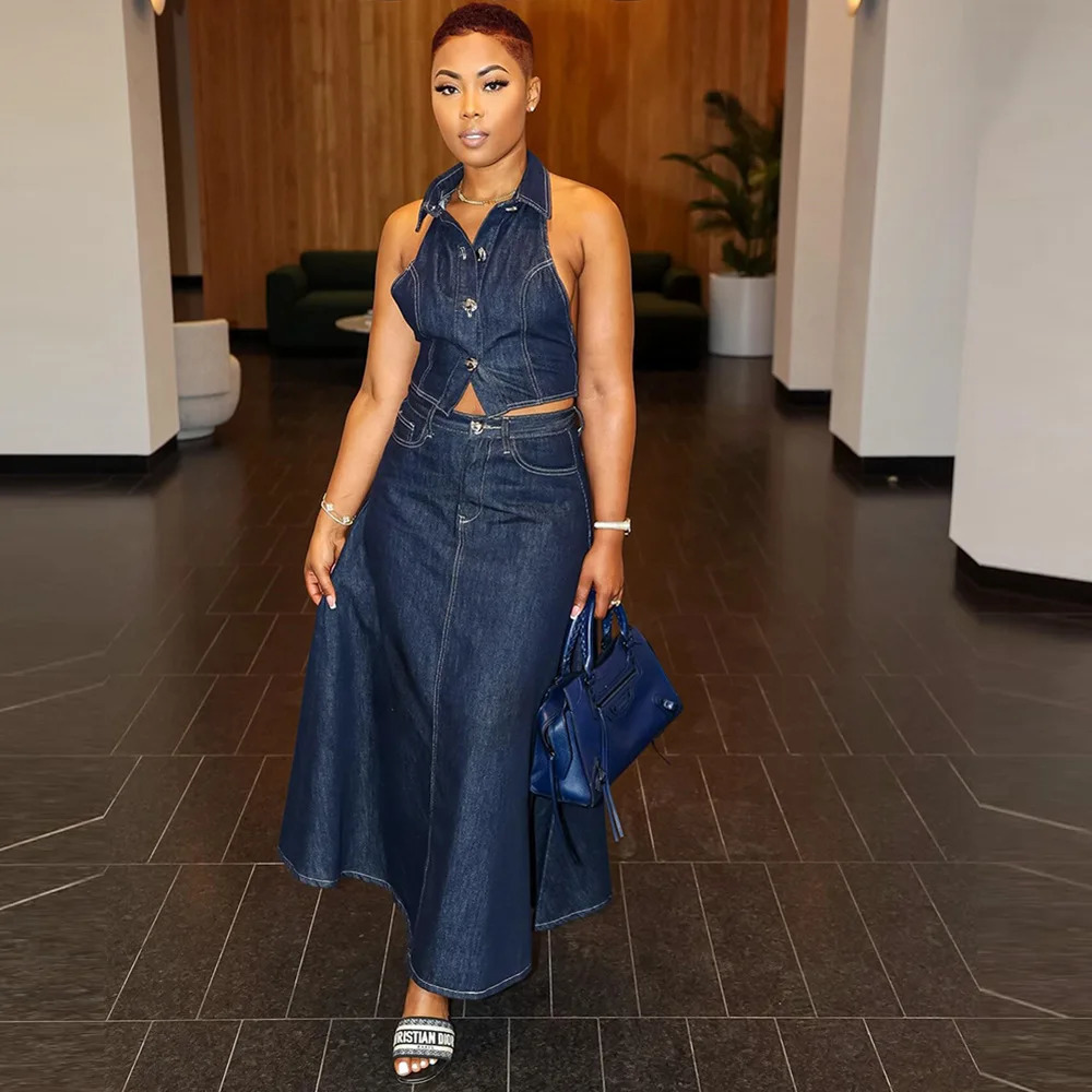 2 Piece Set Women Spring Summer Denim Pocket Sleeveless Tops And Maxi Skirt Suits Mujer Matching Sets Jacket Outfit 240412