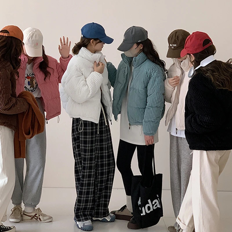 Short Parka Corduroy Thick Puffer Jacket Korean Harajuku Cropped Down Coats Winter Warm Casual Cotton Padded Outwears 241108