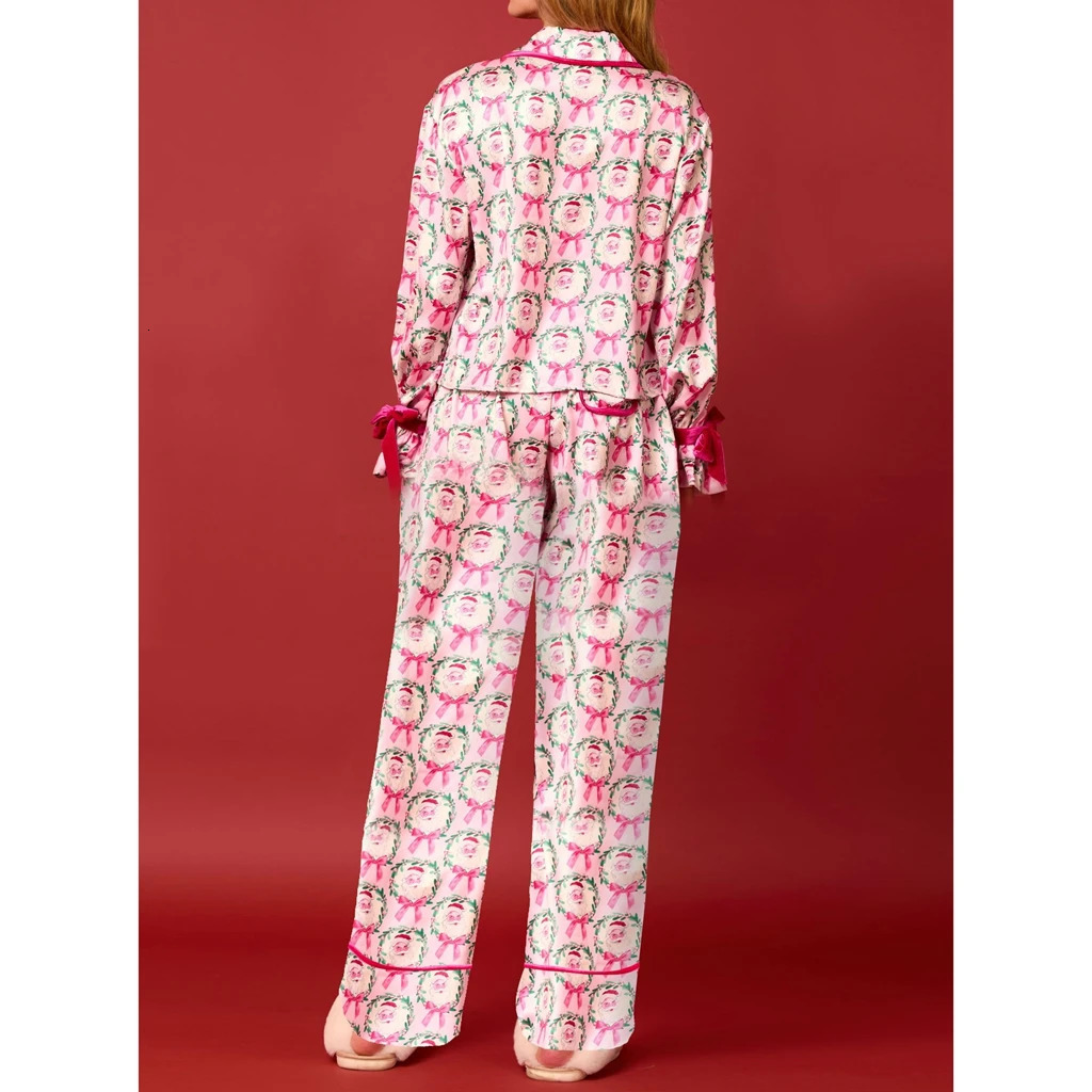 HEZIOWYUN Womens 2Pcs Loungewear Christmas Pjs Outfit Set SantaTree Print Lapel Button-up Long Sleeve Tops Drawstring Pants 241112