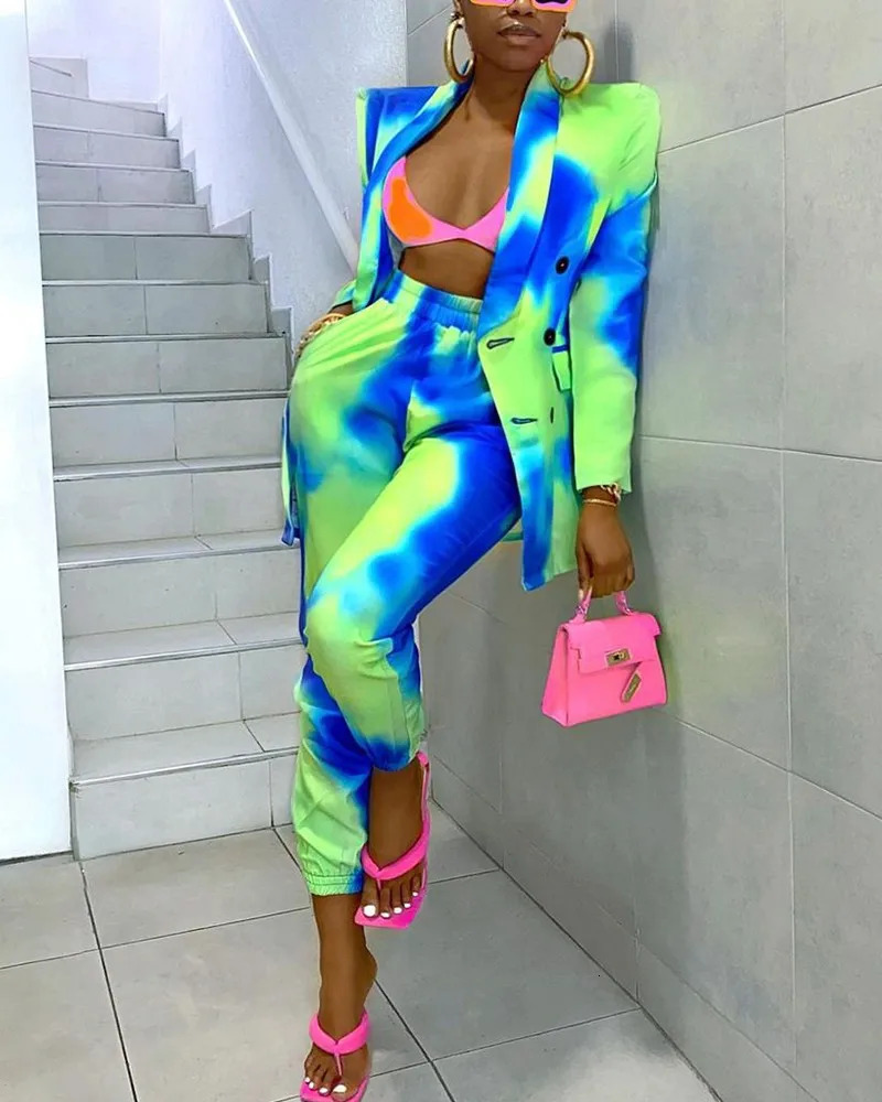 Womens Tie Dyed Long Sleeve Fashion Suit Coat Two-piece Set Woman 2 Pieces Blazer Set Womens Blazer Suits Women Suit 240329