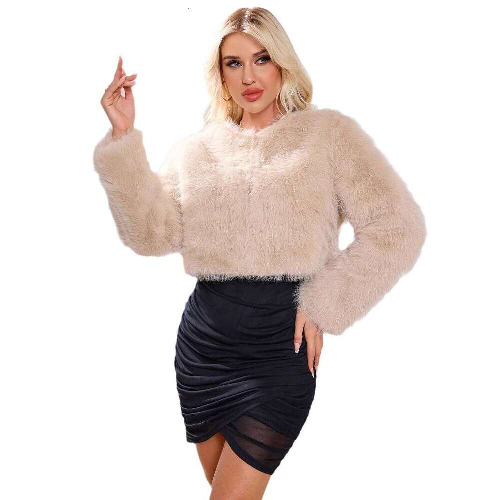 shanshi fur coat women autumn and winter round neck faux fur short sleeved women's elegant jacket
