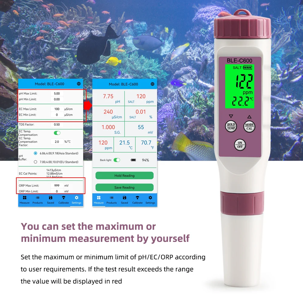 7 in 1 PH TDS Meter Bluetooth-Compatible Temp/ORP/EC/TDS/Salinity/S.G /PH Tester APP Control for Aquarium Water Quality Tester