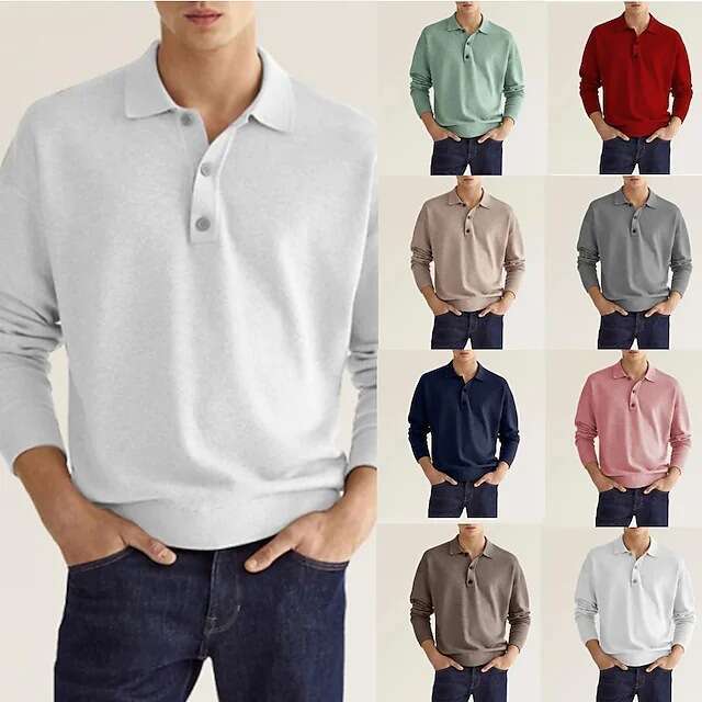 2024 autumn long sleeved V-neck buttoned men's casual top polo shirt
