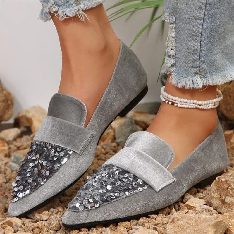 Velvet Womens Sparkling sequin Embroidered Loafers Womens Fashion Dot Toe Silver Grey Velvet Ballet Flat Shoes 241111