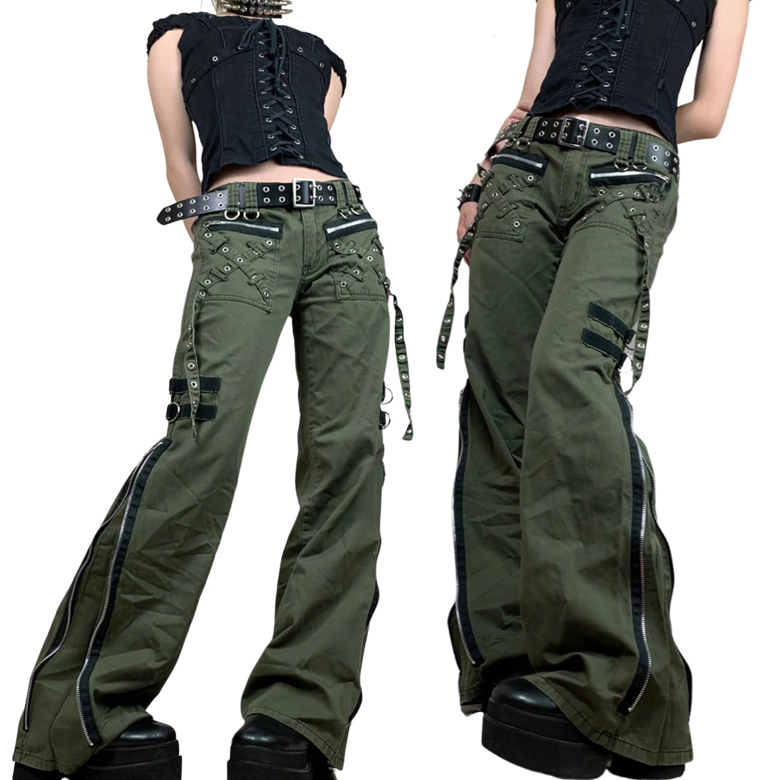 Y2k Fashion Punk Style Autumn Cargo Pants Punk Low-Waist Zipper Fly Casual Pants with Pockets for Girls Green 241112