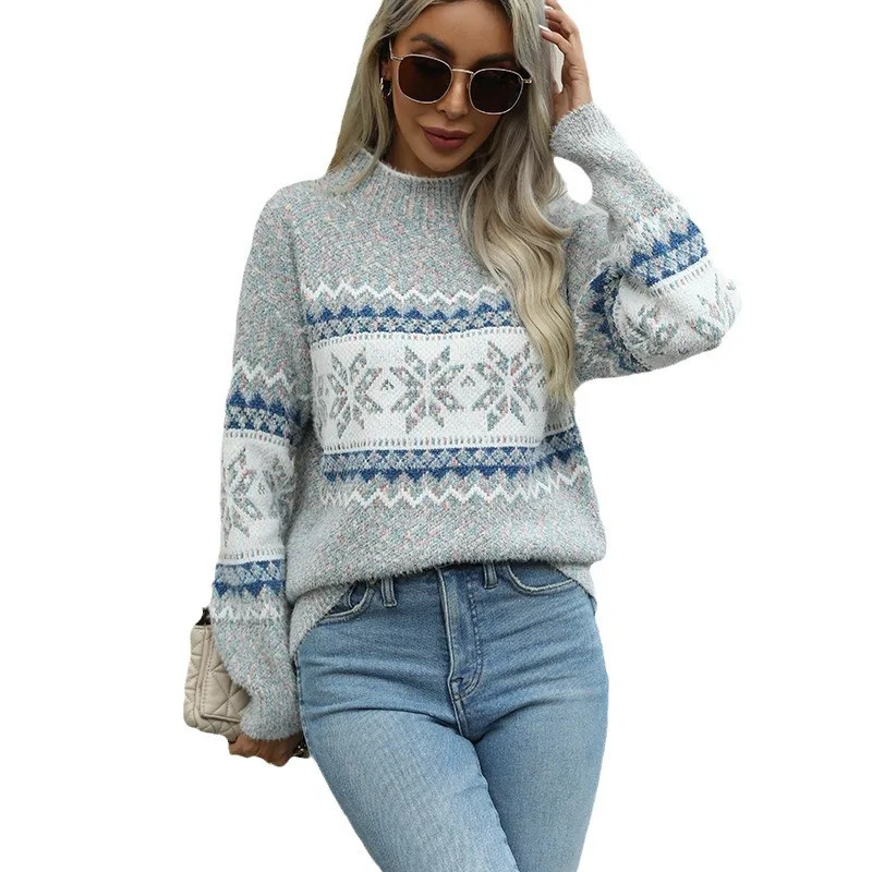 Women Sweater Mock Neck Long Sleeve Sweater Casual Street Fashion Style Christmas Snowflake Pattern Jacquard Weave Sweater 241111