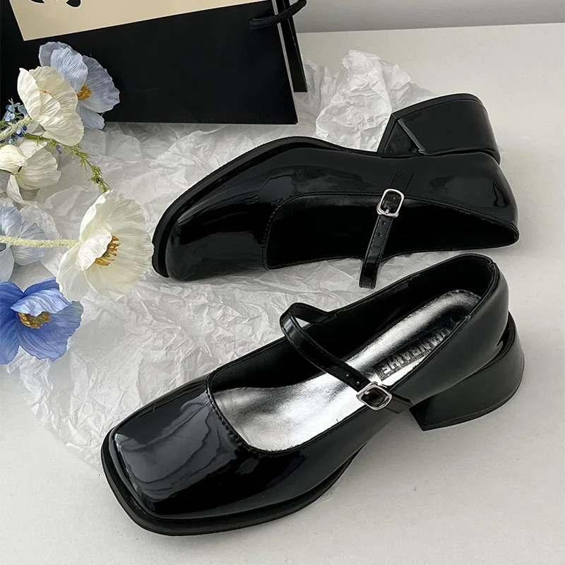 Women Square Toe Chunky Heel Shoes Women Autumn Silver Buckle Strap Mid Heels Mary Jane Shoes Ladies Dress Office Shallow Shoes 241112