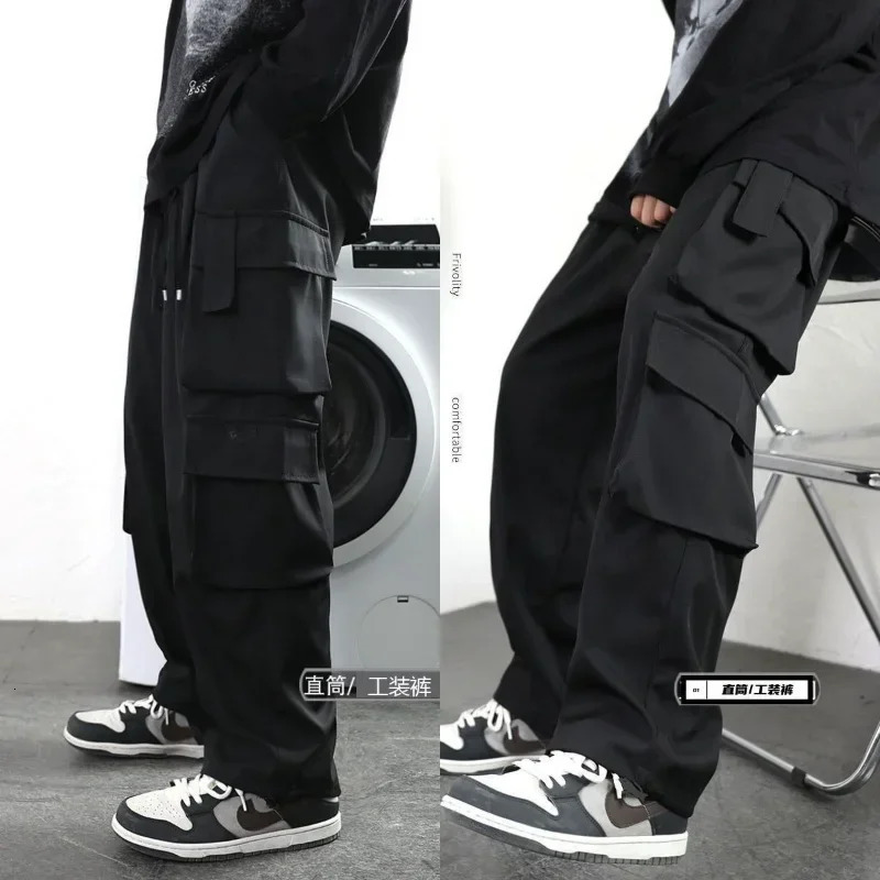Hipster Men Black American Overalls High Street Boys Straight Leg Slacks Men Hipster Wide Leg Casual Pants 241112