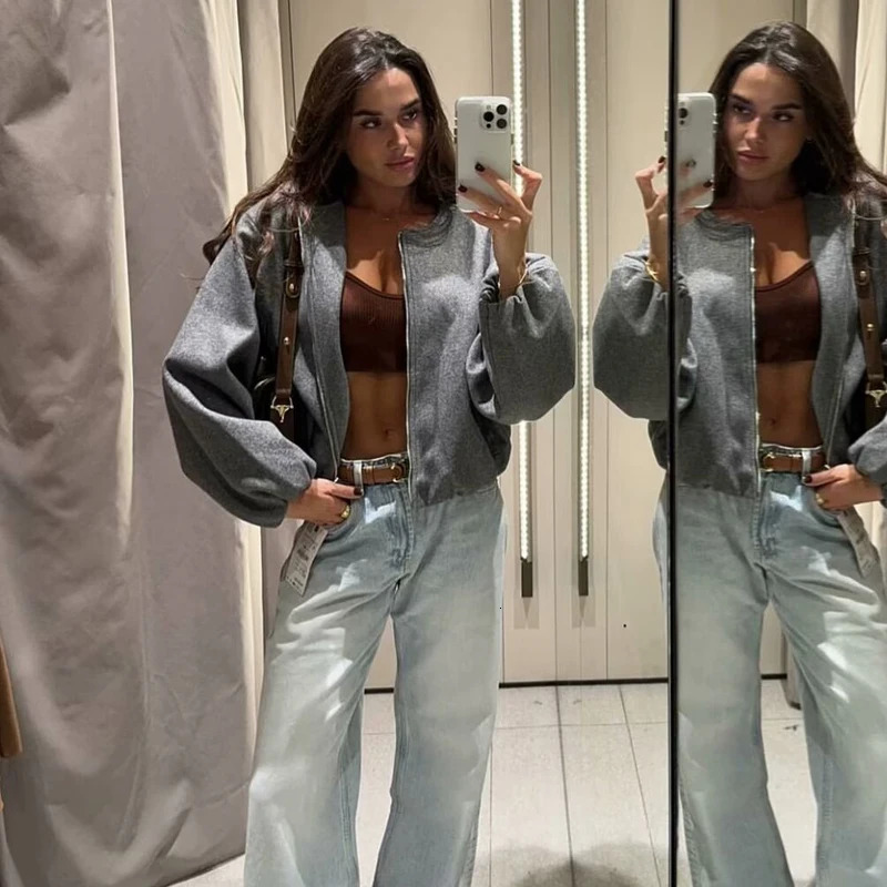 HXAO Autumn Womens Womens Jacket Soft Coarse Floral Crop Jacket Red Grey Beige Jacket Long Sleeve Oversized Jacket Casual Jacket 241111