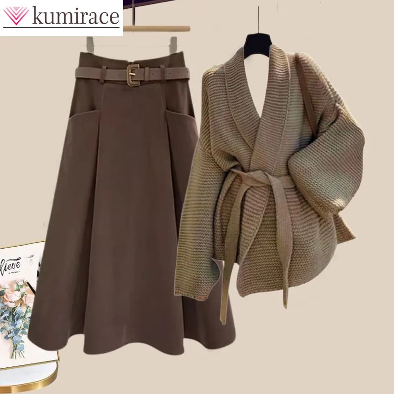 Autumn and Winter Set Womens Fashion Age Stress Relief Waist Clip Open Woolen Sweater Medium Long Two Piece Set 241112