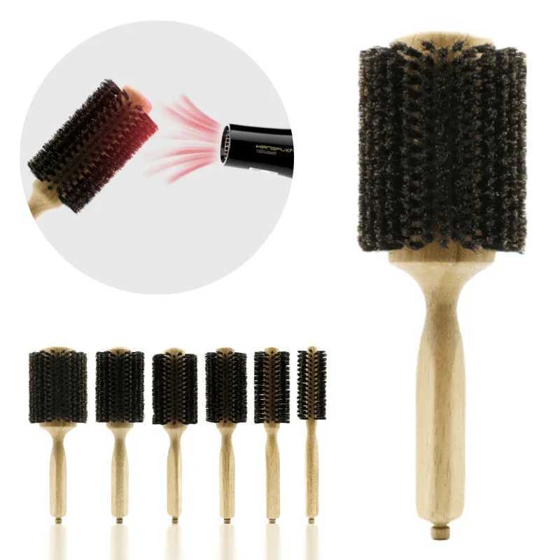 No. 6 Wooden Handle Pig Mane Round Brush Detachable Tail Professional Barber Salon Hairdressing Brush Round Comb W241112
