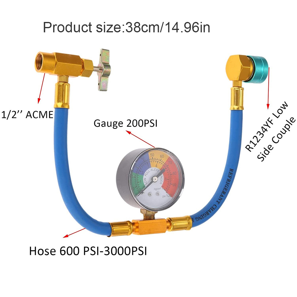 R1234YF Refrigerant Charging Hose with 1/2 Inch ACME LH AC Recharge Hose 14mm Low Side Quick Coupler Refrigerant Gas Refill