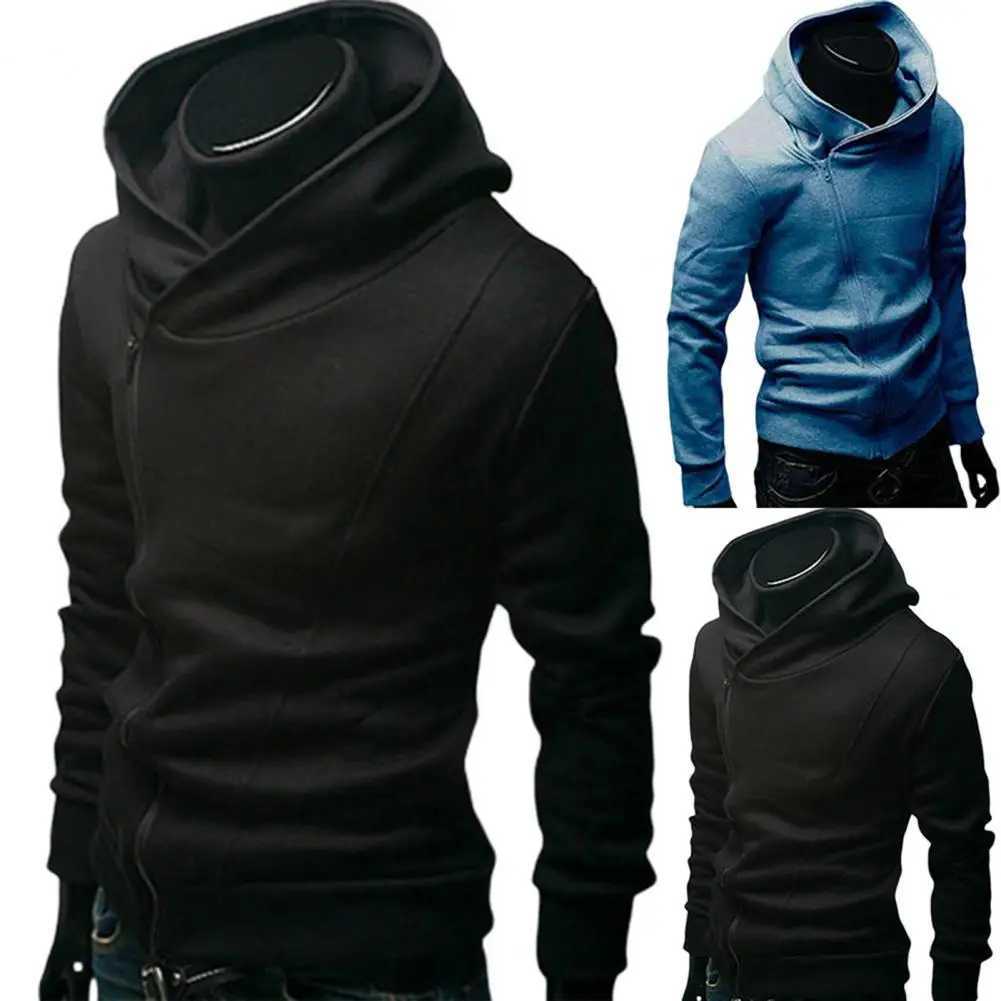 Autumn mens turtle neck sports shirt long sleeved diagonal zipper sports hooded jacket casual tracksuit mens hip-hop sports shirt top W2411111