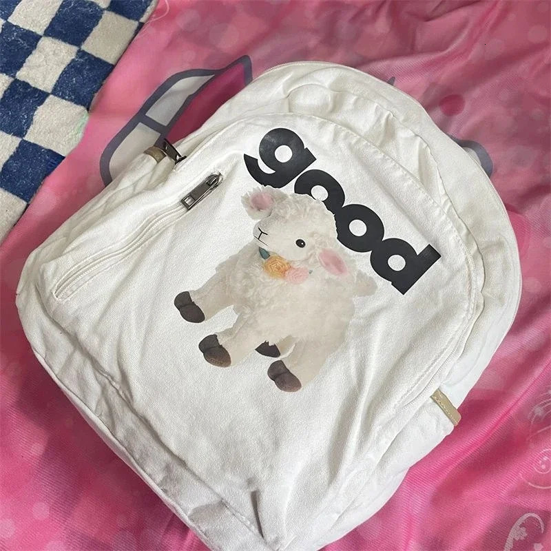 Cartoon Cute Sheep Printing School Bag Japanese Anime Preparatory Kawaii Backpack Y2k Aesthetics Harajuku High Capacity Canvas Bag 241111