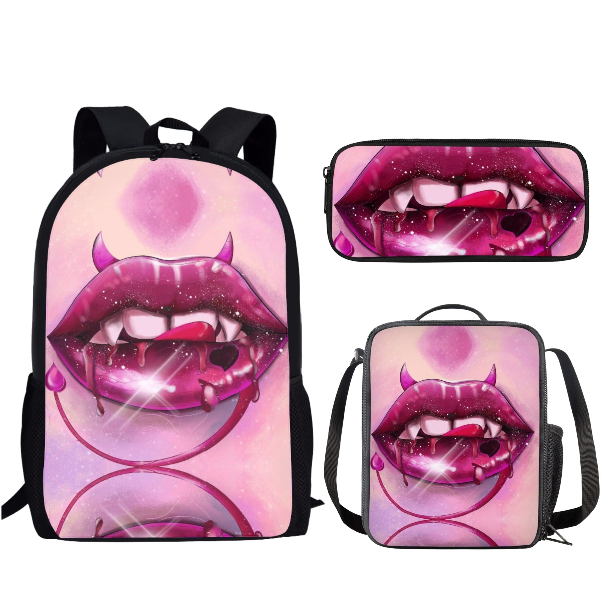 Sexy Lip Design 3Pcs/Set School Bag Causal Backpack for Teenager Girls Boys Student Campus Book Bag with Lunch Bag Pencil Bag 388ea