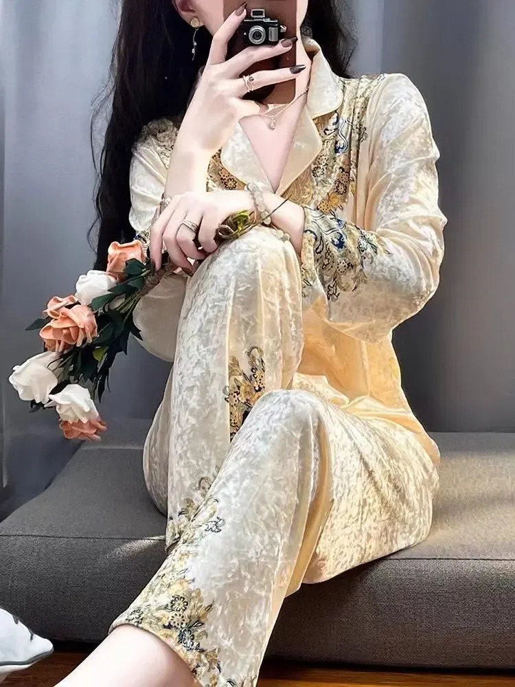 Flower Gold Velvet Pajama Set for Women Long Sleeve Open Collar Open Collar Pants Pajama for Home Retro Evening Dress Two Piece Set 241112