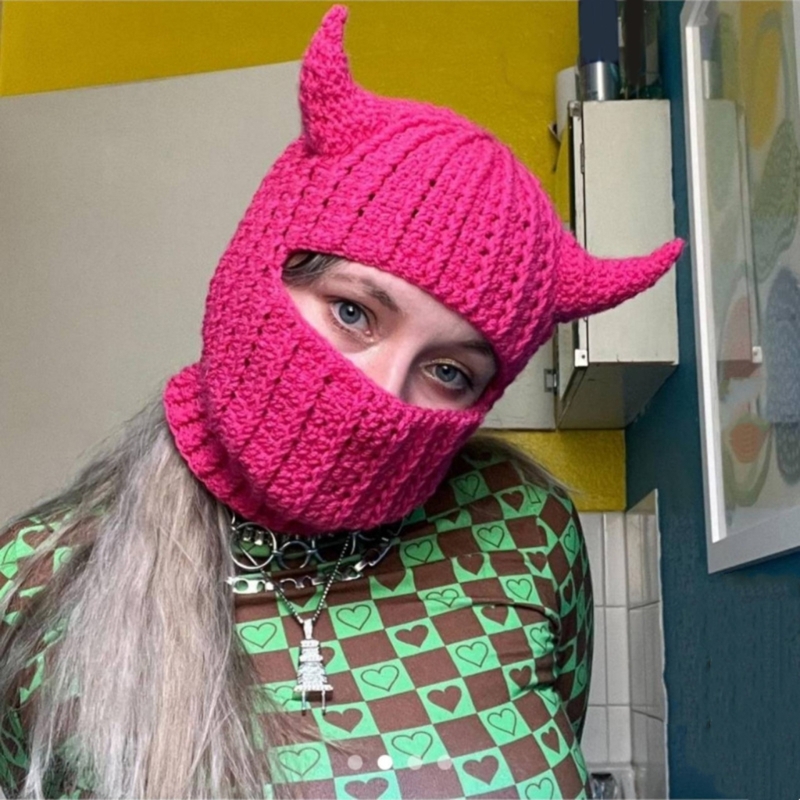 Novelty Devil Horn Face Cover Knit Balaclava for Women Men Winter Warm Hat Adult Halloween Party Costume Role Play Cap