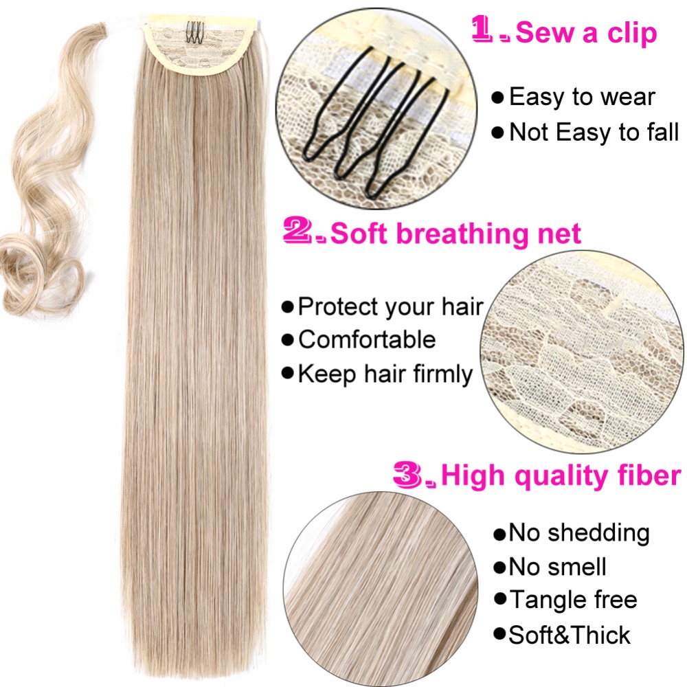 Mtmei Hair Long Straight Clip in Ponytail Hair Extensions Wrap Around Synthetic Ponytail Fake Hair For Women Pony Tail Blonde