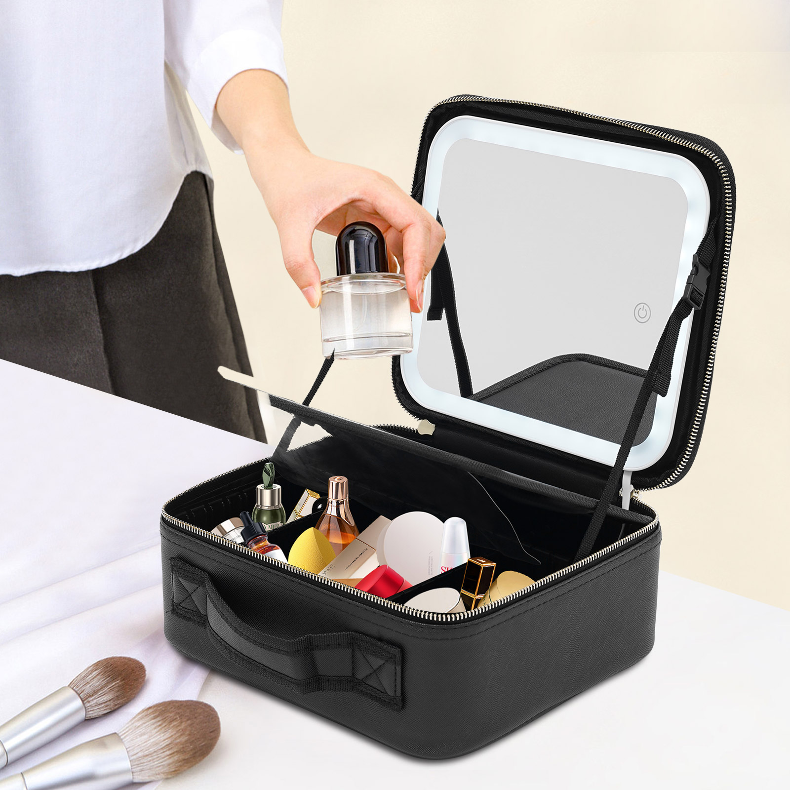 Cosmetic Organizer Case with LED Mirror Travel Makeup Bag Large Capacity PU Adjustable Compartment Makeup Storage Box f5b2d