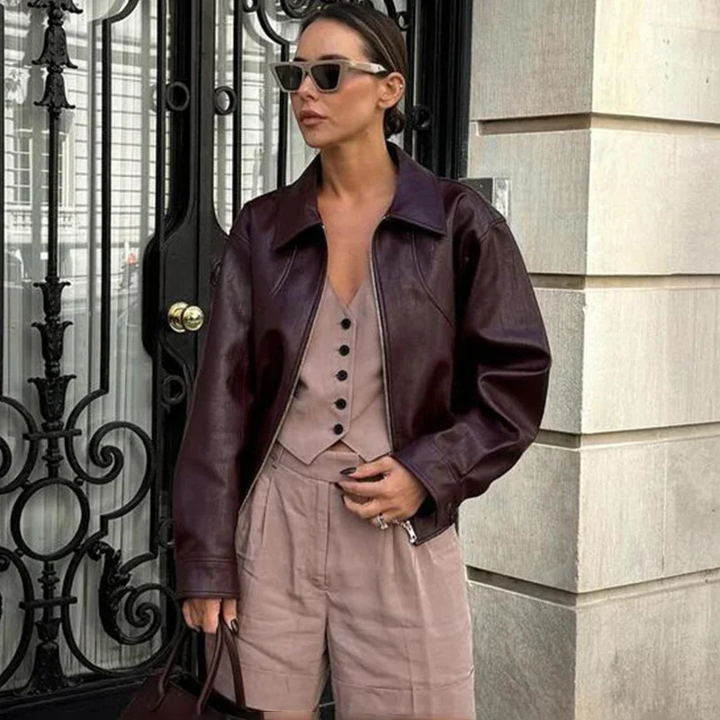 Trendix loose PU womens jacket autumn and winter long sleeved lapel wine infrared set retro and fashionable Commuting bomber jacket 241111