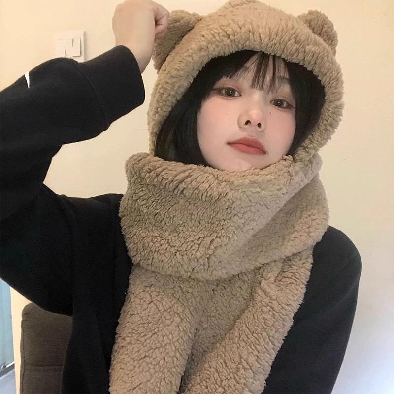 Winter Lamb Wool Cute Bear Ear Hat Scarf Gloves Set Women Caps Warm Plush Neck Hats Casual Fleece Girls Beanies