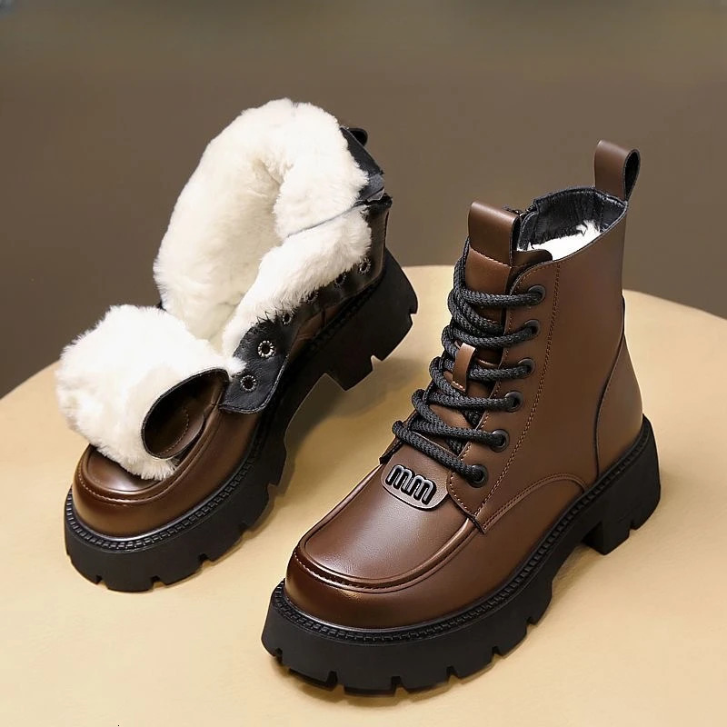 Winter Women Shoes Round Toe Chunky Heel Boots Genuine Leather Shoes for Women Warm Wool Snow Boots Zipper Platform Shoes Women 241112
