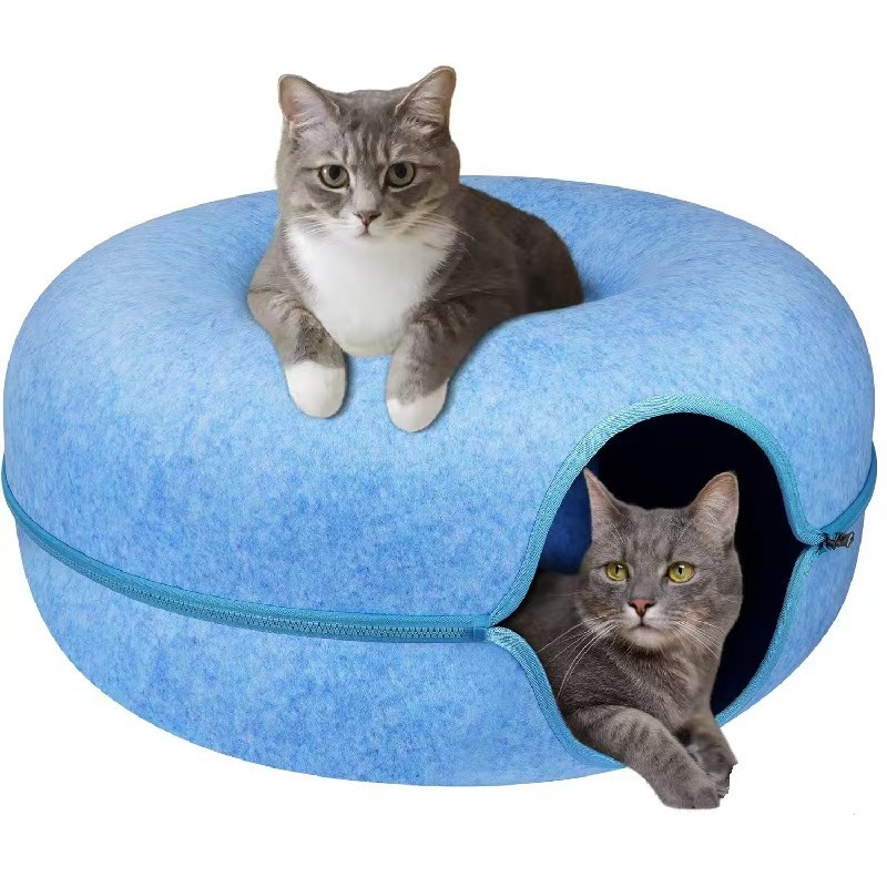 Pet Cave Donut Bed for Cats & Small Dogs - Round Wool Nest with Toys, Made of Natural Felt
