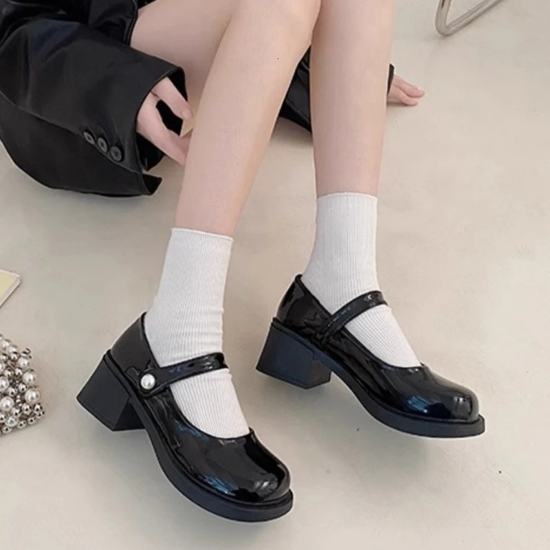 Vintage Mary Jane Shoes Womens Round Toe Pu Leather Mid Heel French Fashion Sweet Girls Ladies Lolita Jk Uniform Shoe 241112