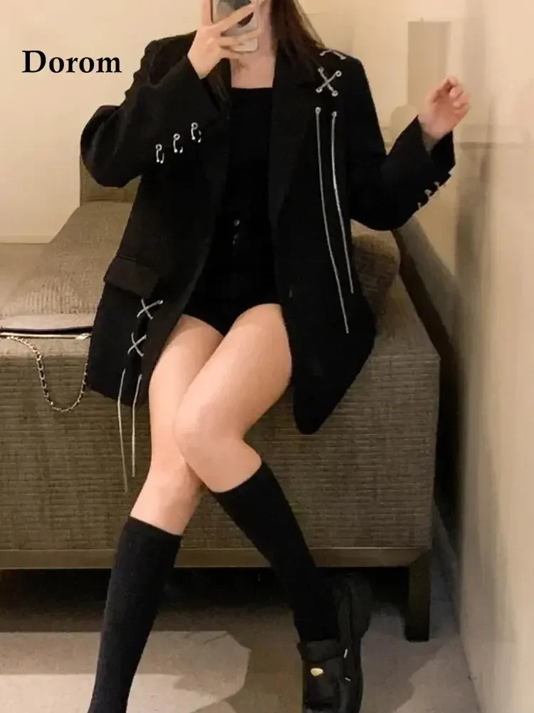 Retro Gothic Black Jacket Womens Korean Long Sleeve Loose Set Jacket Spring and Autumn Office Harajuku Womens Coat 241111