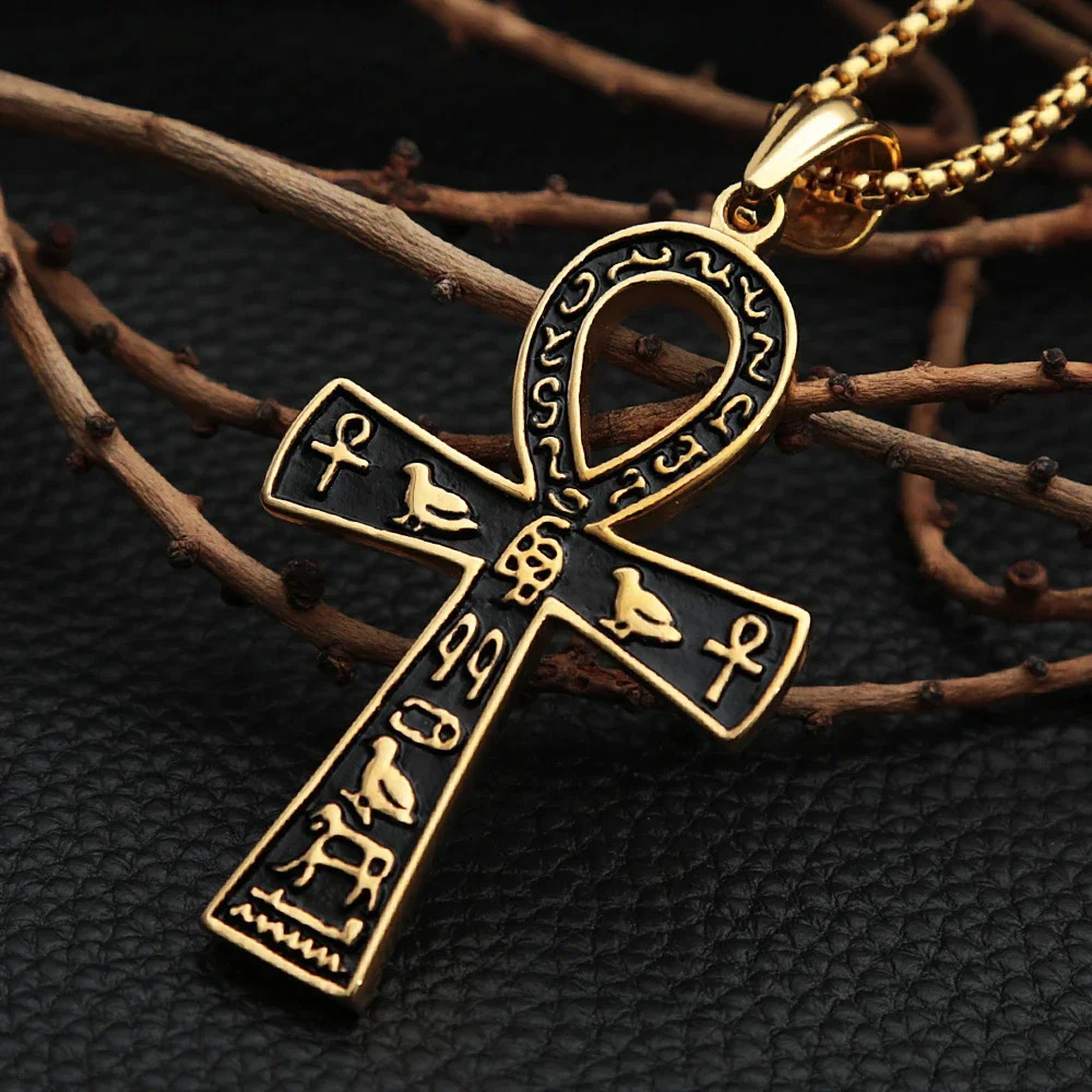 Large Gold/Silver Ancient Egyptian Ankh Cross Pendant Punk Stainless Steel Bicycle Necklace Neutral Talisman Jewelry Gift 241112