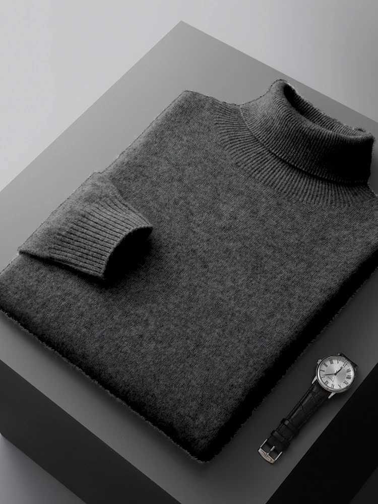 Autumn Mens Turtle Neck Solid Color Long Sleeve Warm Pulling 00% Merino Wool Knitted Sweater High end Commercial Thick Top W2411111