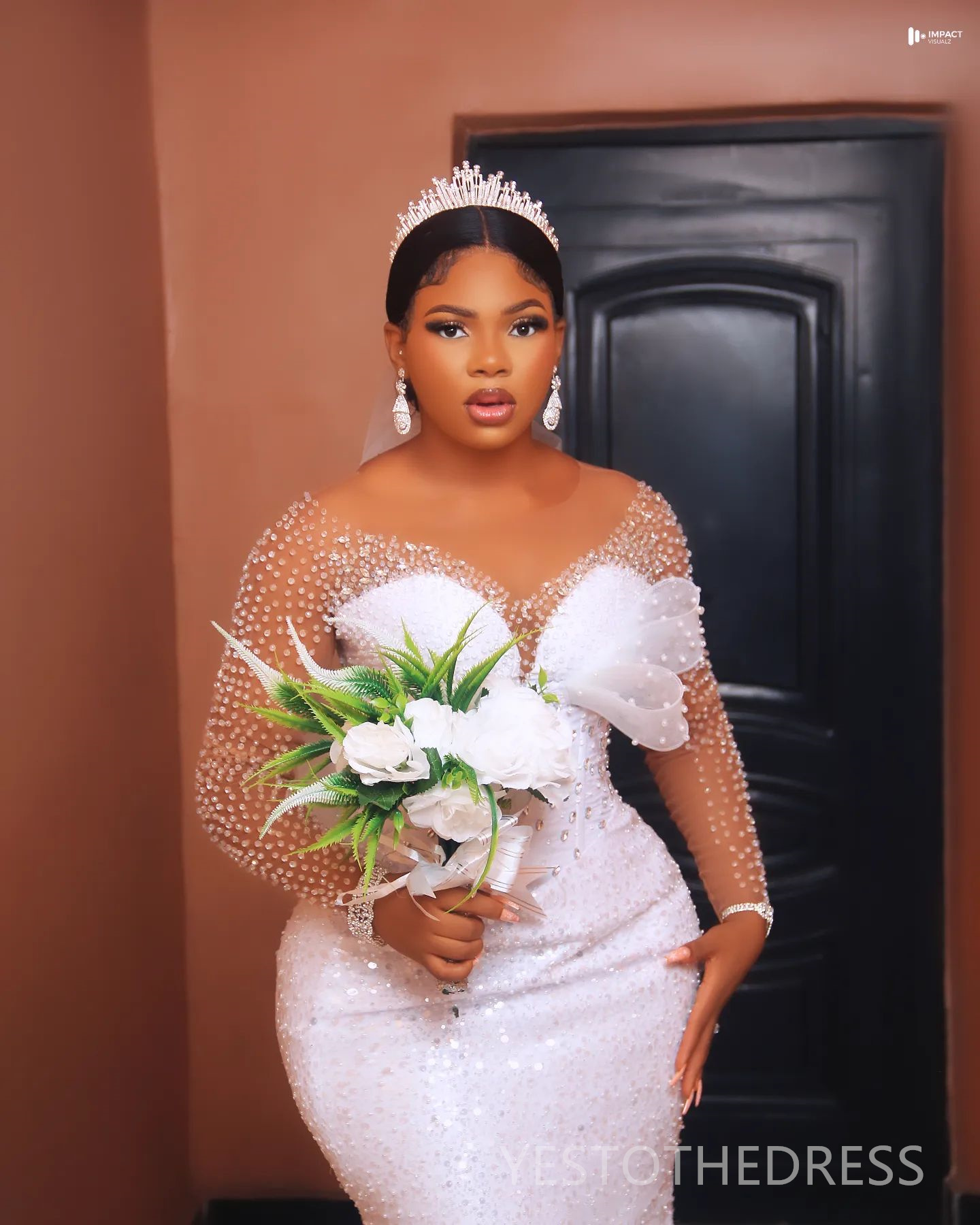 2024 African Dress Bridal Plus Size Mermaid Wedding Sheer Neck Long Sleeves Beaded Sequined Lace Gowns For Nigeria Black Women Marriage D400