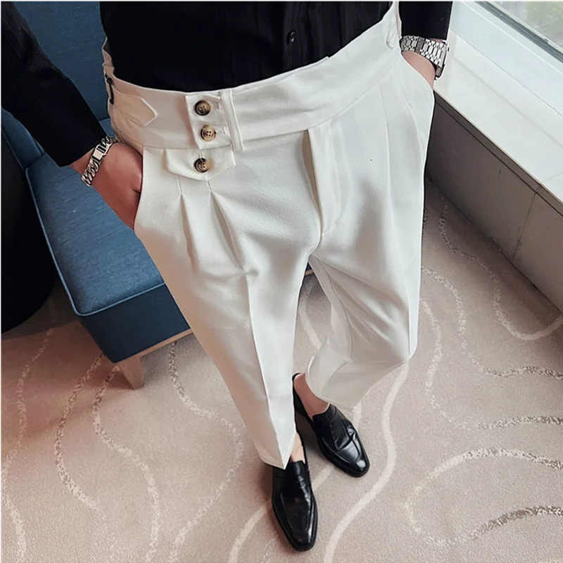 Spring Autumn Men High Waist Belt n Casual Slim Formal Dress Pant Social Office Wedding Party Suit Pants 241112