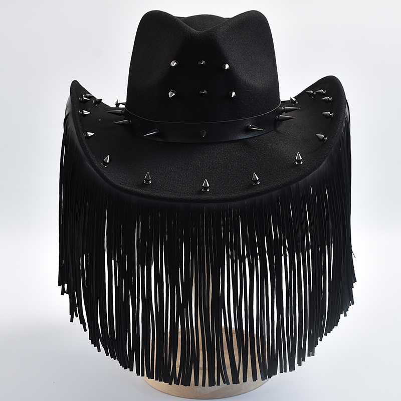 New Handmade Cowboy Hat for Men Women Punk Style Wide Brim Tassel Felt Jazz Hats Cowgirl Festivals Cosplay Party Accessory