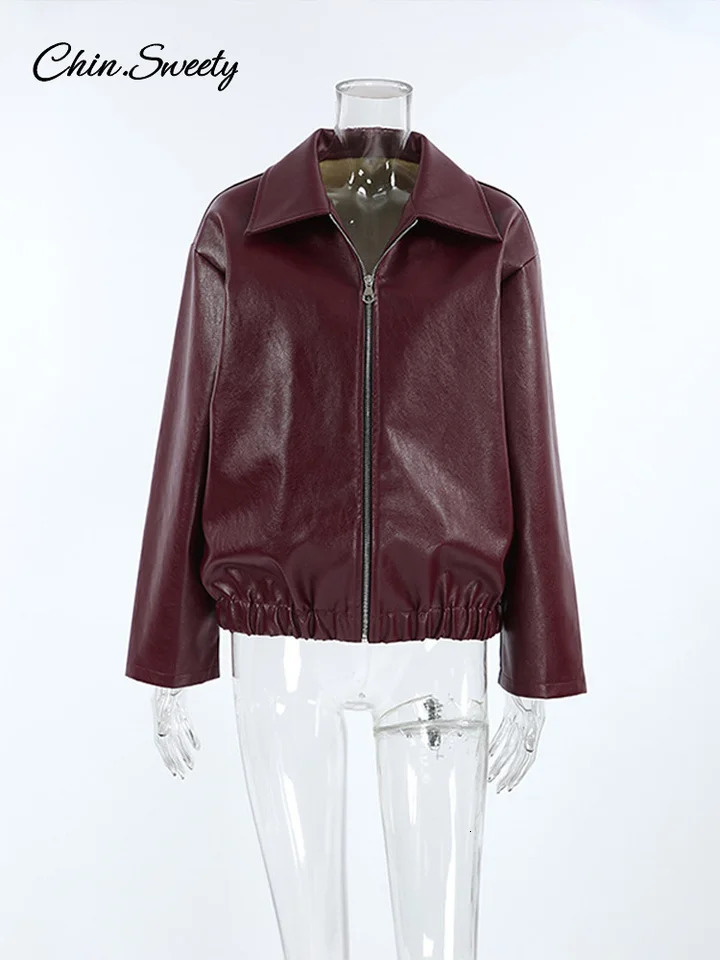 Fashion Lapel Leather Bomber Jacket Women Loose Zipper Long Sleeves Locomotive Coat 2024 Autumn Lady High Street Outerwear 241112