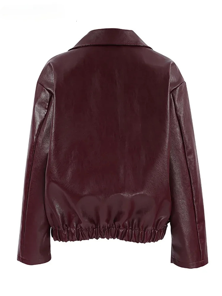 Street leather womens jacket wine red lapel long sleeved Pu womens jacket retro pocket zipper motorcycle womens jacket 241111