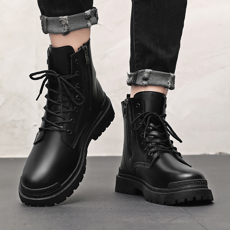 Autumn Brand Winter New Leather Ankle Men's Motorcycle Lace Up Trend Short Boots Youth Round Toe Work Shoes 6066