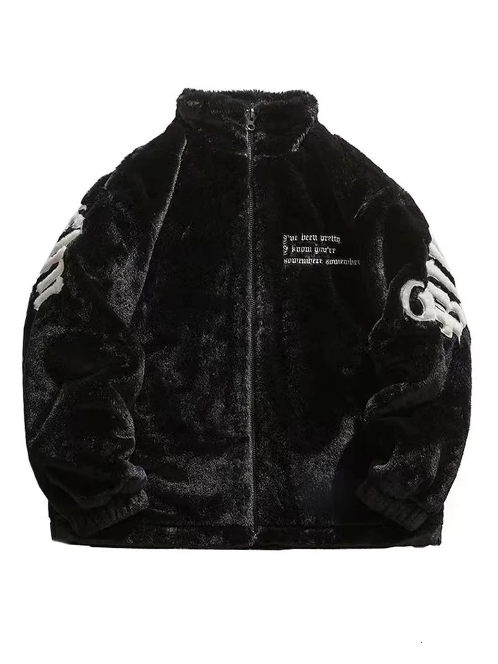 Men Rabbit Fur Jacket Coats Standup CollarEmbroidered Padded Winter CasualThickened Coat Unisex Warm Streetwear 241108