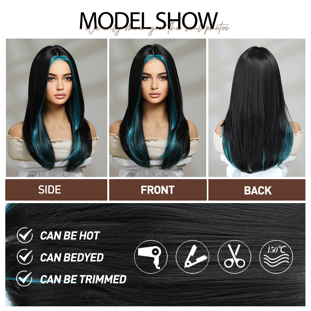 oneNonly Synthetic Wigs Long Black Green Wig for White Women Cosplay Daily Hair Heat Resistant 82c67